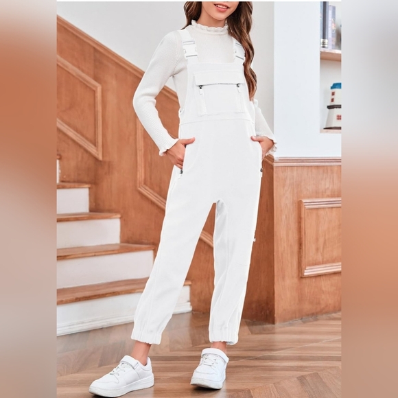 White Warm Fleece Overalls/jumpsuit for Girls, Size 9/10. - Picture 3 of 5
